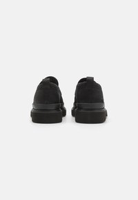 Par de zapatos negros de ante tipo bajo con suelas de goma gruesa, vistos desde atrás sobre un fondo blanco liso.