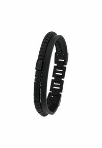 Bracciale nero caratterizzato da una combinazione di segmenti lisci e texturizzati. Realizzato in materiale sintetico con maglie regolabili per adattarsi alla misura.
