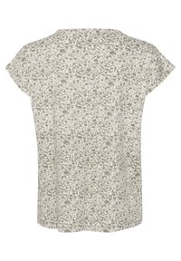 T-shirt à manches courtes en beige clair avec un motif floral vert, présentant une coupe décontractée et un col rond. Texture lisse, sans fermetures visibles.