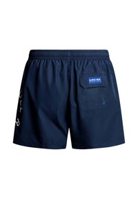 I pantaloni da bagno blu navy presentano una vita elasticizzata, una tasca posteriore con un'etichetta blu e testo grafico bianco sul lato sinistro.