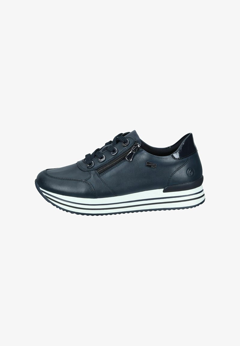 Navy blue sneaker with a smooth leather upper, contrasting white and black striped sole, lace-up front, and side zipper detail.