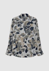 Blumenmusterhemd mit langen Ärmeln, in den Farbtönen Marineblau, Beige und Grau. Knopfdetails an den Bündchen und einer Rückentasche. Leichter Stoff.