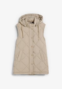 Chaleco acolchado sin mangas de color beige con capucha, botones a presión en el frente, cordón ajustable y dos bolsillos laterales, dispuesto en plano sobre fondo blanco.