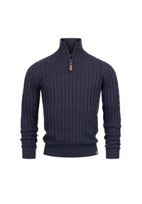 Pull en mailles torsadées bleu marine avec une fermeture éclair quart, col, poignets et ourlet côtelés. Fabriqué en tissu tricoté texturé. Présente une étiquette en cuir.
