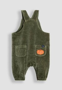Grüne Corduroy-Latzhose mit verstellbaren Trägern, zwei Vorderhüfttaschen und einem orangen Kürbis-Stickdetails. Glatte Textur und schmal zulaufende Beine.