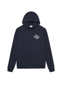 Navy Kapuzenpullover aus weichem Material mit einer vorderen Kängurutasche, verstellbarem Kordelzug und einem geschwungenen Logo-Detail auf der Brust.