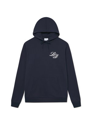 Navy hoodie in soft fabric features a front kangaroo pocket, adjustable drawstring, and cursive logo detail on the chest.