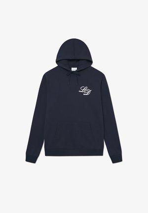 Granatowy hoodie z miękkiego materiału, z przednią kieszenią typu kangur, regulowanym sznurkiem oraz szczegółami logo w stylu kursywy na klatce piersiowej.
