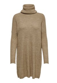 Abito maglione beige con colletto alto, maniche lunghe e vestibilità morbida. Realizzato in tessuto lavorato a maglia con dettagli a coste sulle spalle.