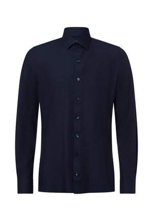 Navy blue long-sleeve shirt made of smooth fabric. Features a classic collar, button placket with matching dark buttons, and tailored fit.
