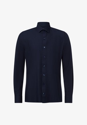 Marineblaues Langarmhemd aus glattem Stoff. Verfügt über einen klassischen Kragen, eine Knopfleiste mit passenden dunklen Knöpfen und eine taillierte Passform.