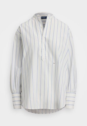 Long-sleeve, collared shirt in white with blue vertical stripes. Features button placket and buttoned cuffs, made from lightweight fabric.
