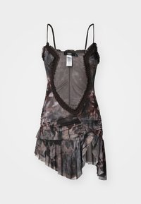 Asymmetrical dress in dark hues with floral print. Features ruffled edges, thin straps, and gathered fabric details.