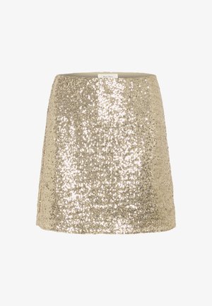 Falda de lentejuelas doradas con una textura suave, diseño en línea A y cinturilla elástica. Presenta detalles brillantes a lo largo de la tela.