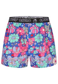 Colorful loose-fitting boxers featuring a blue background with pink and green floral patterns and playful cartoon characters. Black elastic waistband.