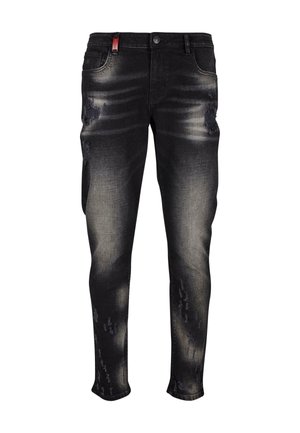 Czarne dżinsy o slim fit z przetarciami, subtelnym blaknięciem i czerwoną metką na pasku. Pięć kieszeni.