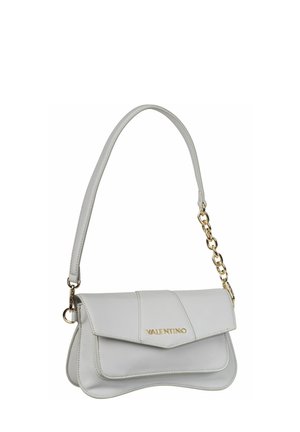 White Valentino leather shoulder bag with gold chain link accents and flap closure, featuring the brand name in gold letters.