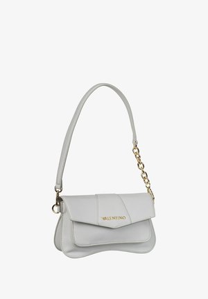 White Valentino leather shoulder bag with gold chain link accents and flap closure, featuring the brand name in gold letters.