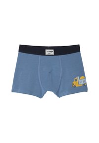 Blaue Baumwoll-Boxershorts mit einem marineblauen Bund, versehen mit einem gelben Lkw-Graphic auf der rechten Seite. Weiches, dehnbares Material.