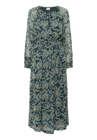 Dlhé tmavozelené šaty s béžovými a svetlomodrými vzormi listov, priehľadnými dlhými rukávmi a naškrobeným pásom a manžetami.