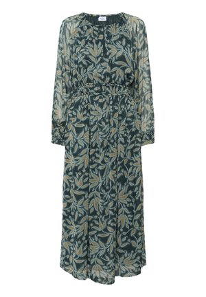 Lång mörkgrön klänning med beige och ljusblå bladmönster, genomskinliga långärmade ärmar, samt rynkad midja och ärmslut.