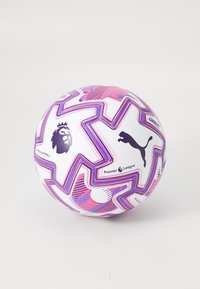 Puma Premier League soccer ball, white with purple and pink zigzag patterns, textured surface, featuring logos of Puma and the Premier League.