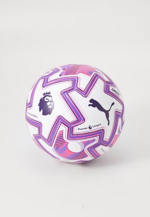 Puma Premier League soccer ball, white with purple and pink zigzag patterns, textured surface, featuring logos of Puma and the Premier League.