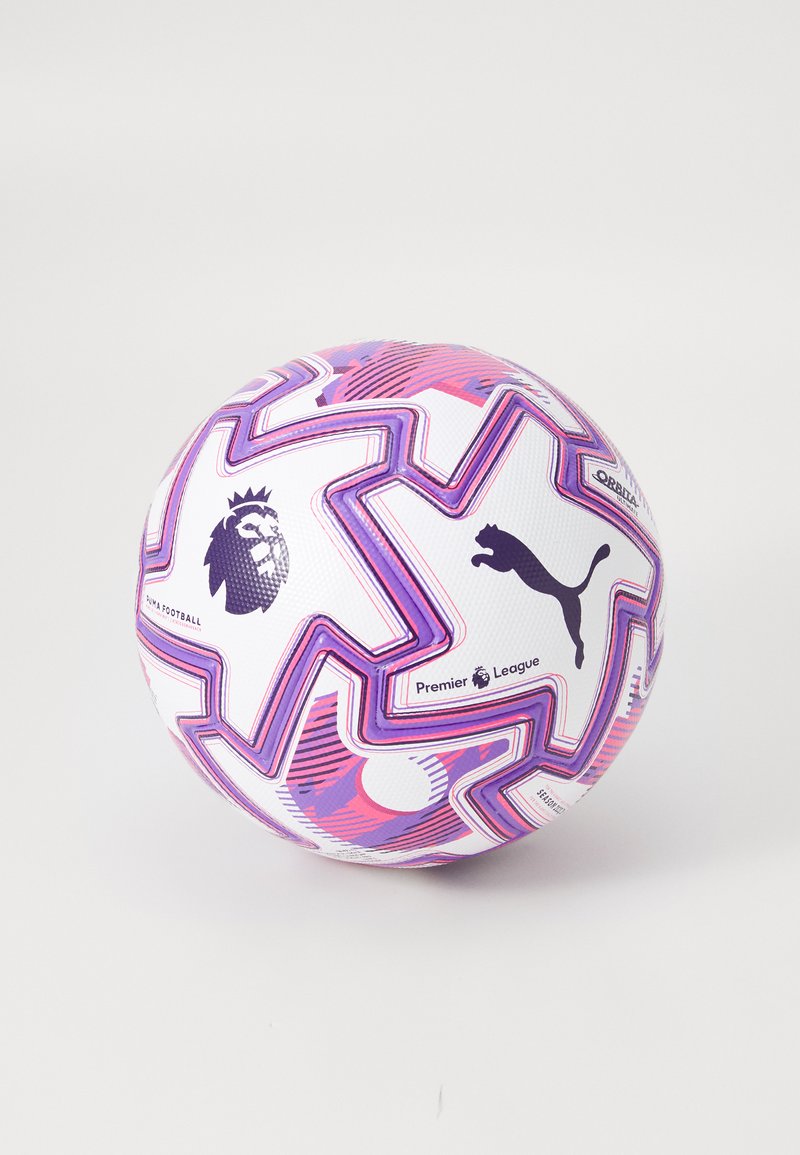 Puma Premier League soccer ball, white with purple and pink zigzag patterns, textured surface, featuring logos of Puma and the Premier League.