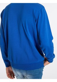 Blå tröja i mjukt tyg, med rund hals, långa ärmar och ribbade mudd och nederdel. Bakvyn visar en slät yta och passform.