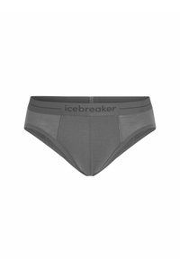 Graue Unterhosen aus weichem Material, mit enger Passform, elastischem Bund mit "icebreaker"-Markierung und glatter Textur.