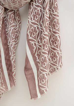 Braun- und weiß gemusterter Schal mit floralem Design aus leichtem Stoff und fransigen Kanten.
