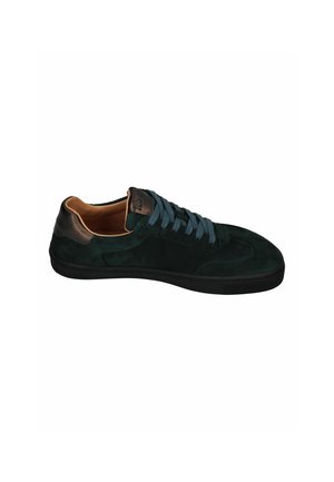 Dark green suede low-top sneaker with black sole, blue laces, and brown leather interior lining.