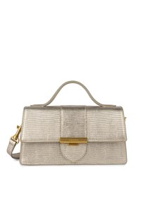 Borsa in metallo dorato con finitura testurizzata, forma rettangolare, manico superiore piatto, tracolla staccabile e dettagli in metallo dorato.