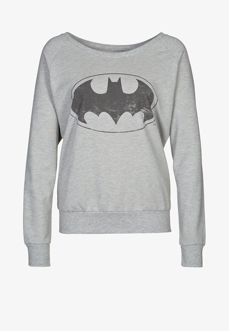 Harmaa collegepaita, jossa on ylikokoinen kaulus ja pitkät hihat, etupuolella haalistunut musta Batman-logo. Pehmeä kangas.