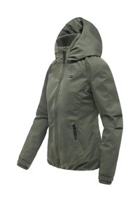 Olivengroene jas met capuchon, ritssluiting aan de voorkant, zijzak met ritssluiting, elastische manchetten en klein logo op de borst, weergegeven op witte achtergrond.