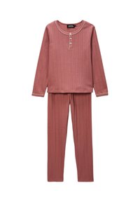 Ensemble de pyjama à manches longues en rose poussiéreux, avec un devant à boutons et un pantalon assorti à coupe ajustée. Tissu doux et texturé.
