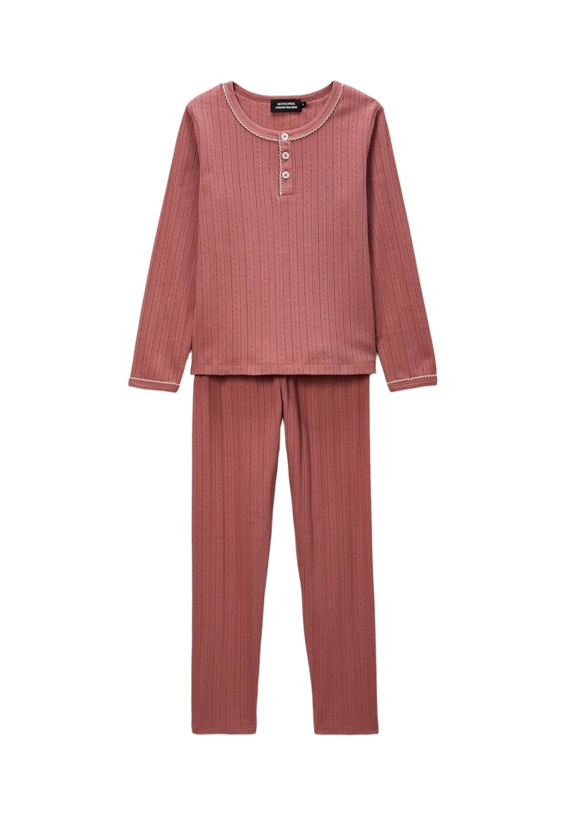 Ensemble de pyjama à manches longues en rose poussiéreux, avec un devant à boutons et un pantalon assorti à coupe ajustée. Tissu doux et texturé.