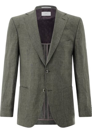 Maßgeschneiderter, einreihiger Herrenblazer in olivgrün mit Kerbkragen, zwei vorderen Knöpfen und aufgesetzten Taschen.