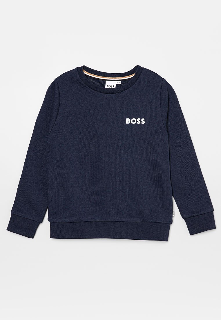 Sweatshirt bleu marine à manches longues, col rond et logo "BOSS" blanc sur la poitrine gauche, poignets et ourlet côtelés.