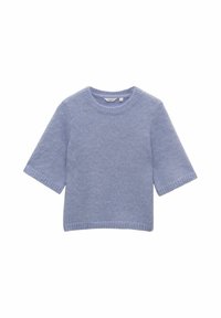 Ljust blått stickat tröja med korta ärmar, rund halsringning och ribbade muddar och nederkant. Mjuk textur med en slät yta.