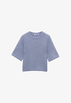 Pull en tricot bleu clair avec des manches courtes, un col rond, et des poignets et ourlet côtelés. Texture douce avec une finition lisse.