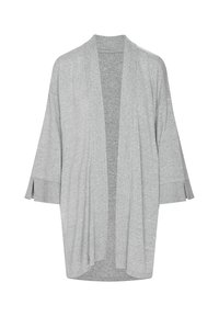 Jasnoszary kardigan wykonany z miękkiej dzianiny. Otwarte z przodu, z rękawami do trzech czwartych i bocznymi rozcięciami przy mankietach.
