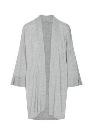 Jasnoszary kardigan wykonany z miękkiej dzianiny. Otwarte z przodu, z rękawami do trzech czwartych i bocznymi rozcięciami przy mankietach.