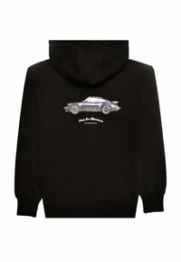 Felpa nera con cappuccio, caratterizzata da una grafica di un'automobile d'epoca sul retro. Il testo recita "Pas De Monace" e "NINE ONE ONE CLUB." Tessuto morbido, vestibilità standard.