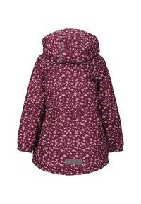 Mörkröd jacka med blommönster, huva, elastiska ärmslut och åtstramad midja. Har reflexdetaljer och en metall-logomärke i fållen.