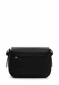 Black textured leather crossbody bag with a flap closure, featuring a front zip pocket and adjustable strap. Compact and practical design.