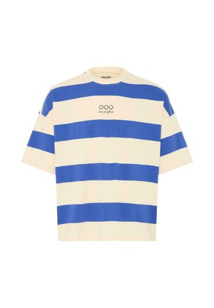 Short-sleeve t-shirt with wide horizontal blue and cream stripes, crew neck, and "ooo out of office" text on chest.