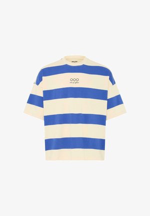 Short-sleeve t-shirt with wide horizontal blue and cream stripes, crew neck, and "ooo out of office" text on chest.
