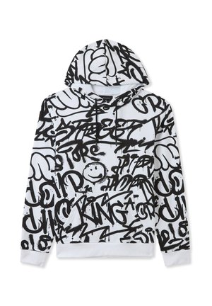 Felpa con cappuccio caratterizzata da un tessuto bianco con testo e disegni in stile graffiti neri. Include una tasca frontale e polsini e fondo a coste.