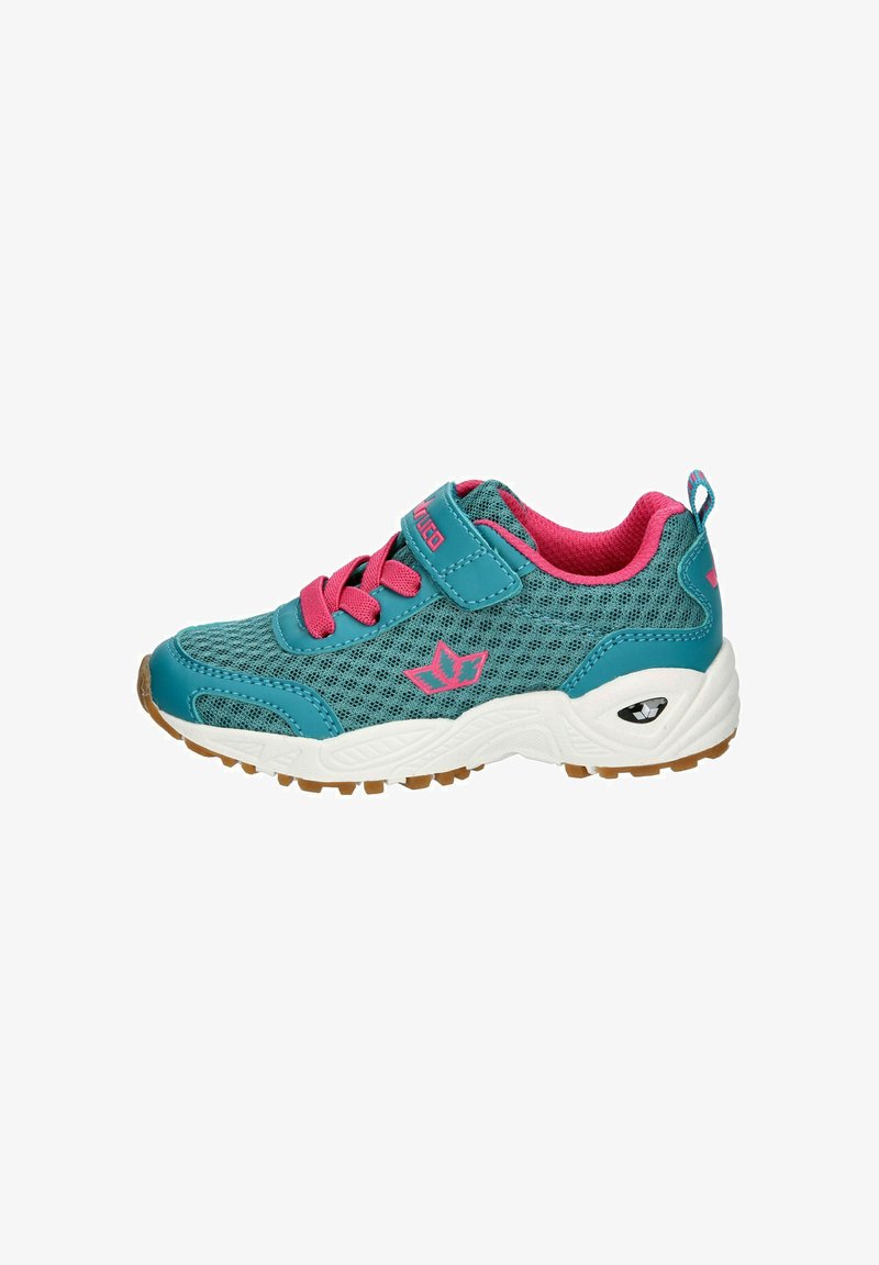 Teal athletic shoe with pink accents, mesh upper, and a Velcro strap. White midsole with textured rubber outsole for traction.
